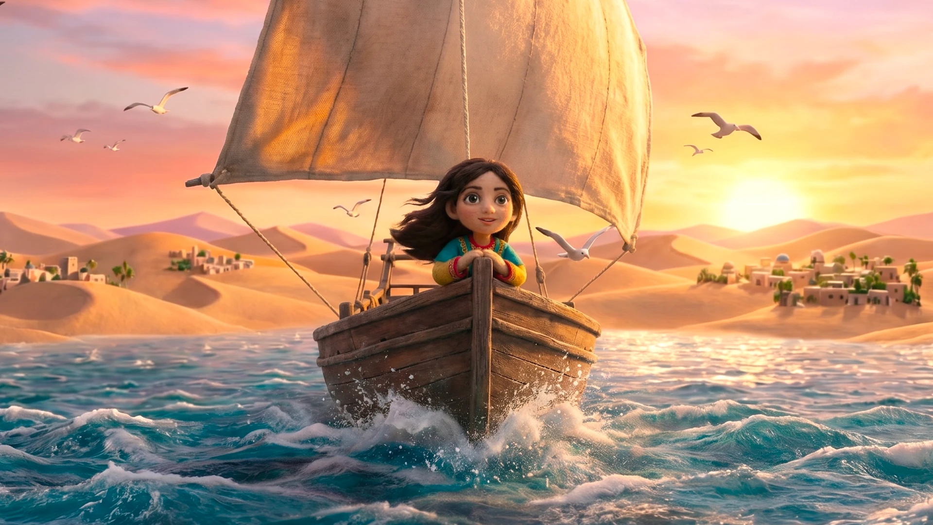 Une jeune fille sur un bateau au milieu de la mer
