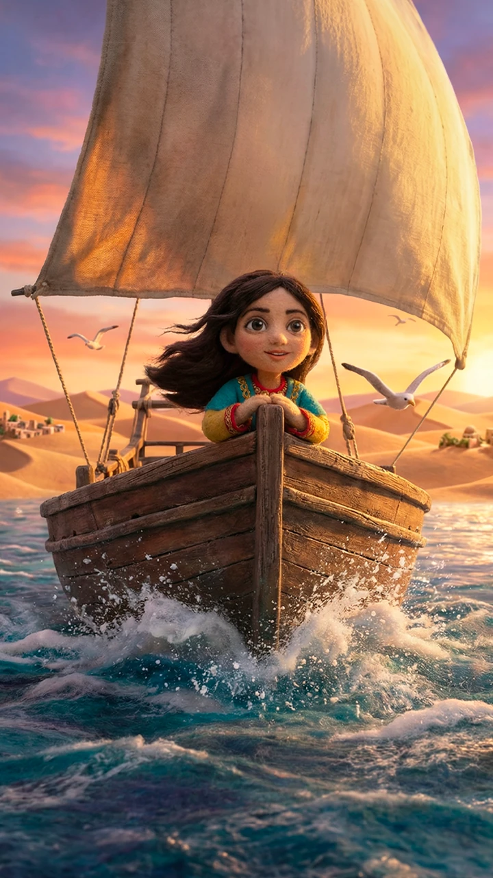 Une jeune fille sur un bateau au milieu de la mer